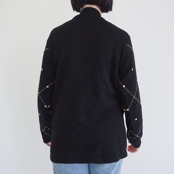 Vintage BP Design Black Poinsettia Sequin Holiday Sweater Grandmacore Boho M - Picture 2 of 9